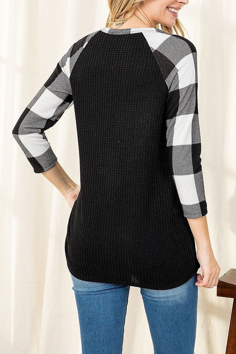 Plaid heart print quarter sleeve waffle top (EF2734)