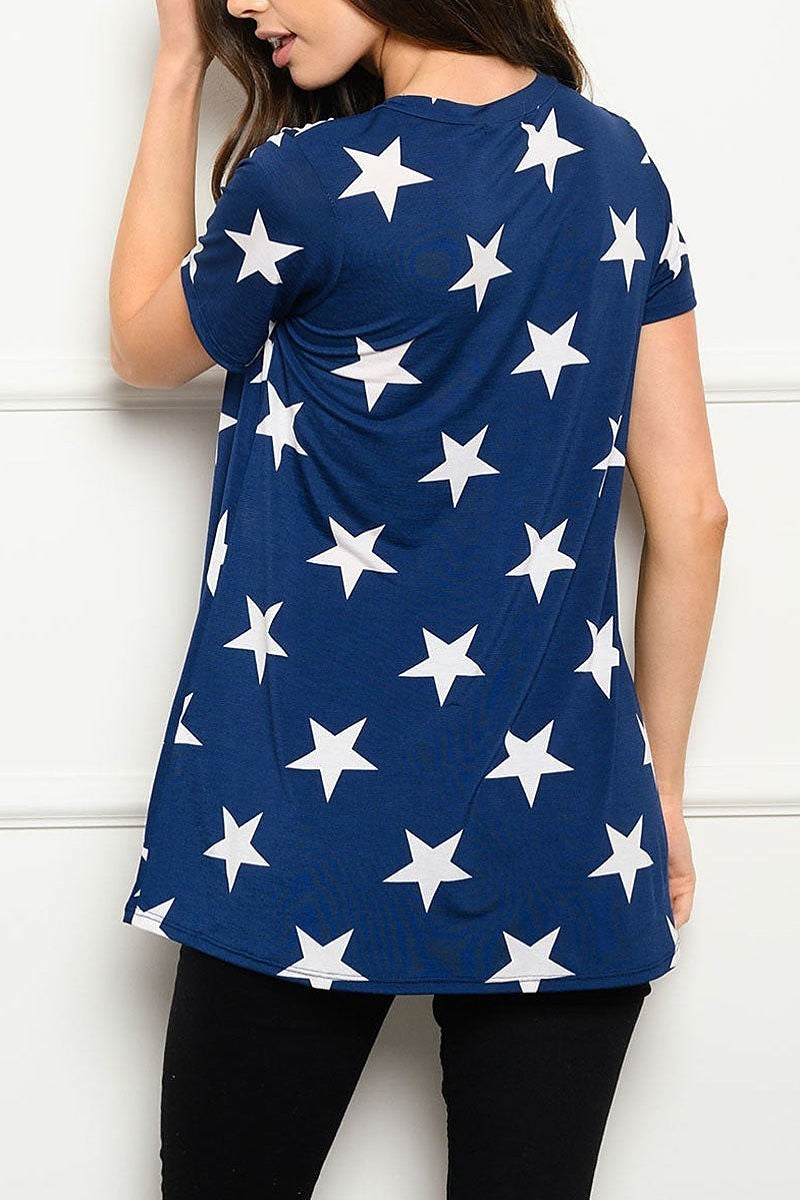 Short sleeve v neck stars print top (EDWT4357)