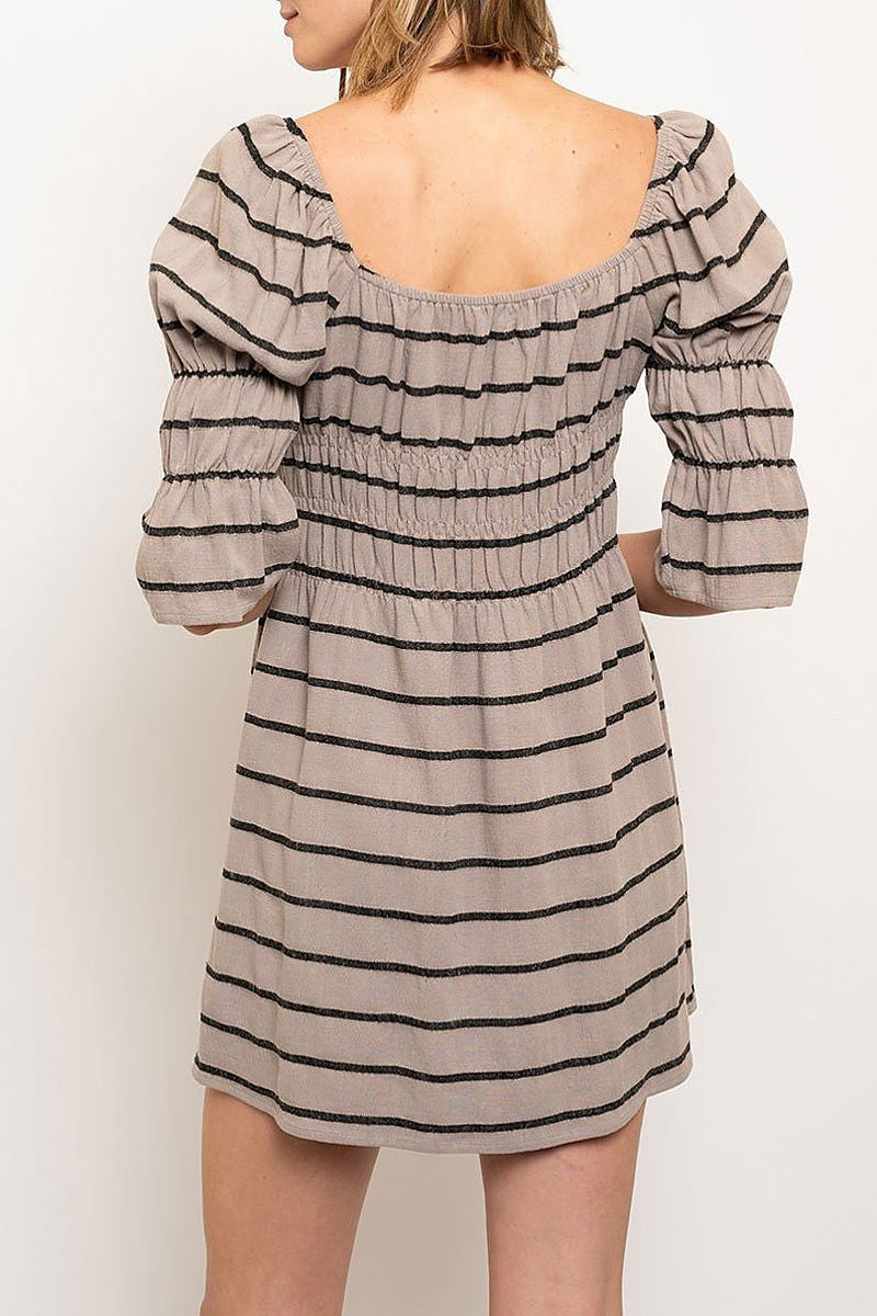 Stripe puff sleeve baby doll dress (EDWT2353)