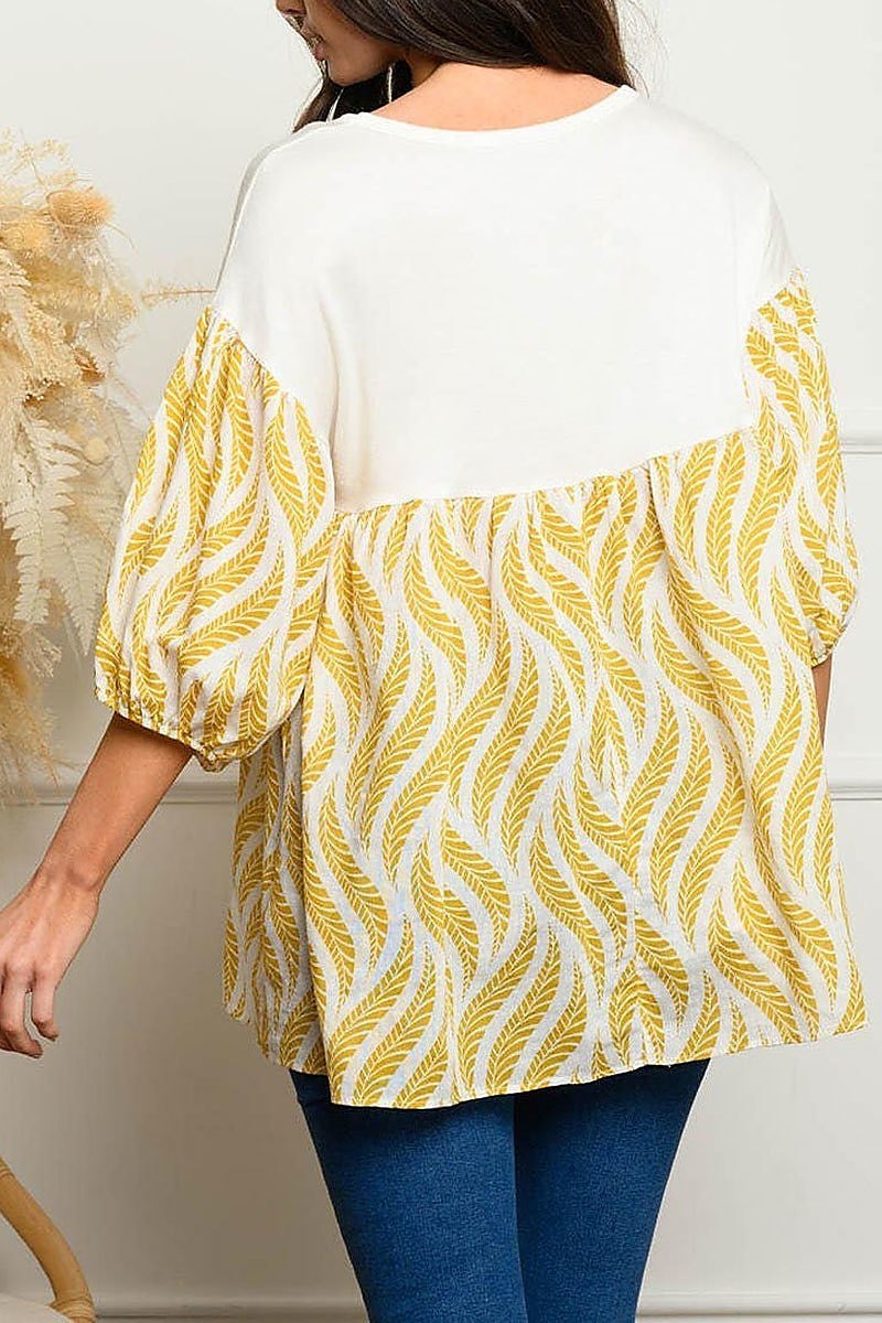 Quarter puff sleeve leaf print top (EDWT4140)