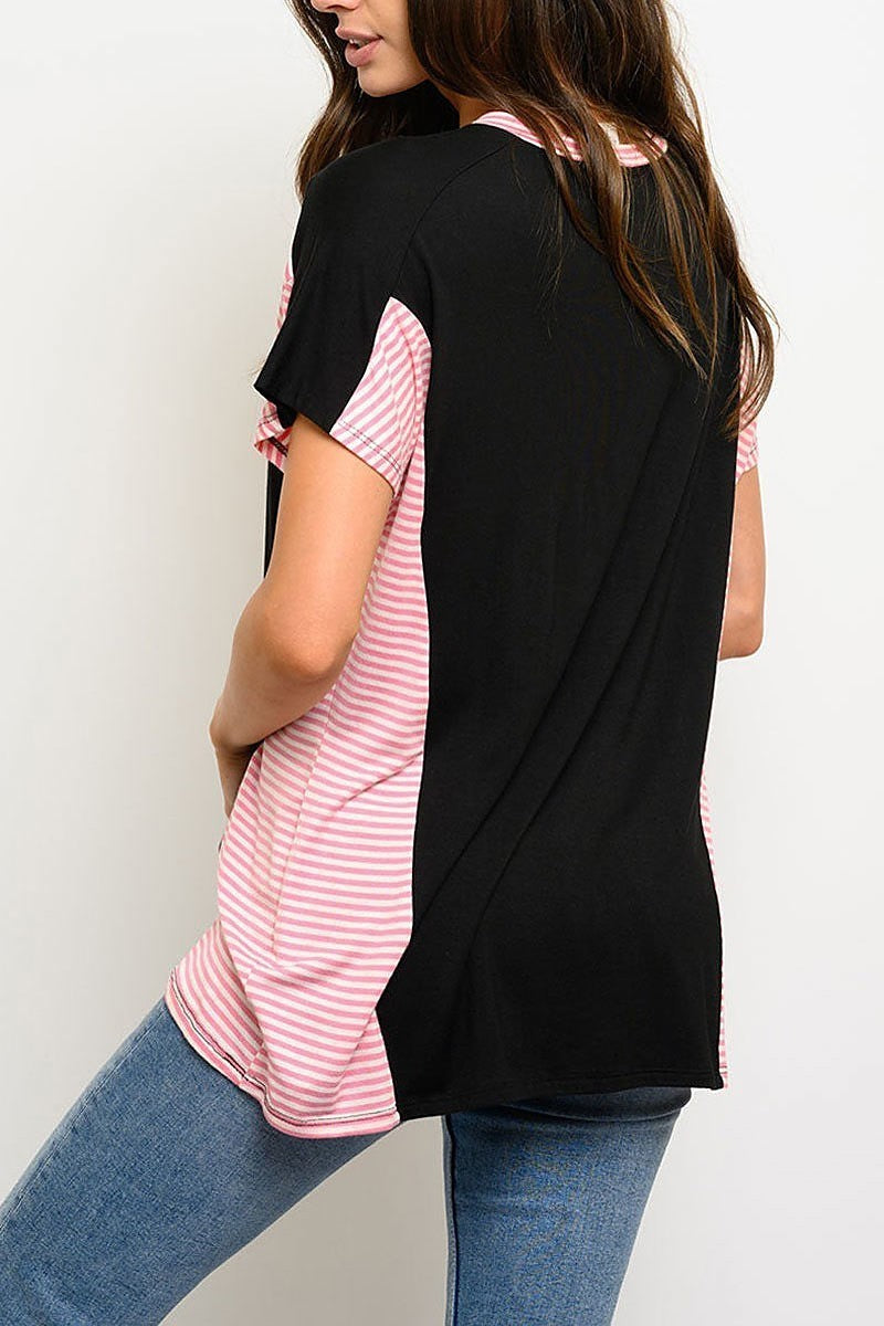 Stripe contrast short sleeve color block top (EDWT4095)