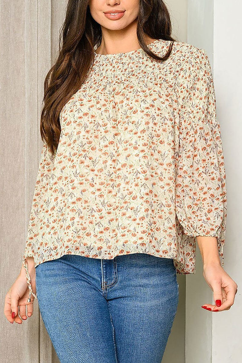 Quarter sleeve floral smock tunic top (EDWT8809)