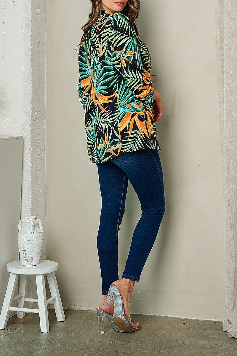 Quarter sleeve open front leaf print blazer (EFWT2829)