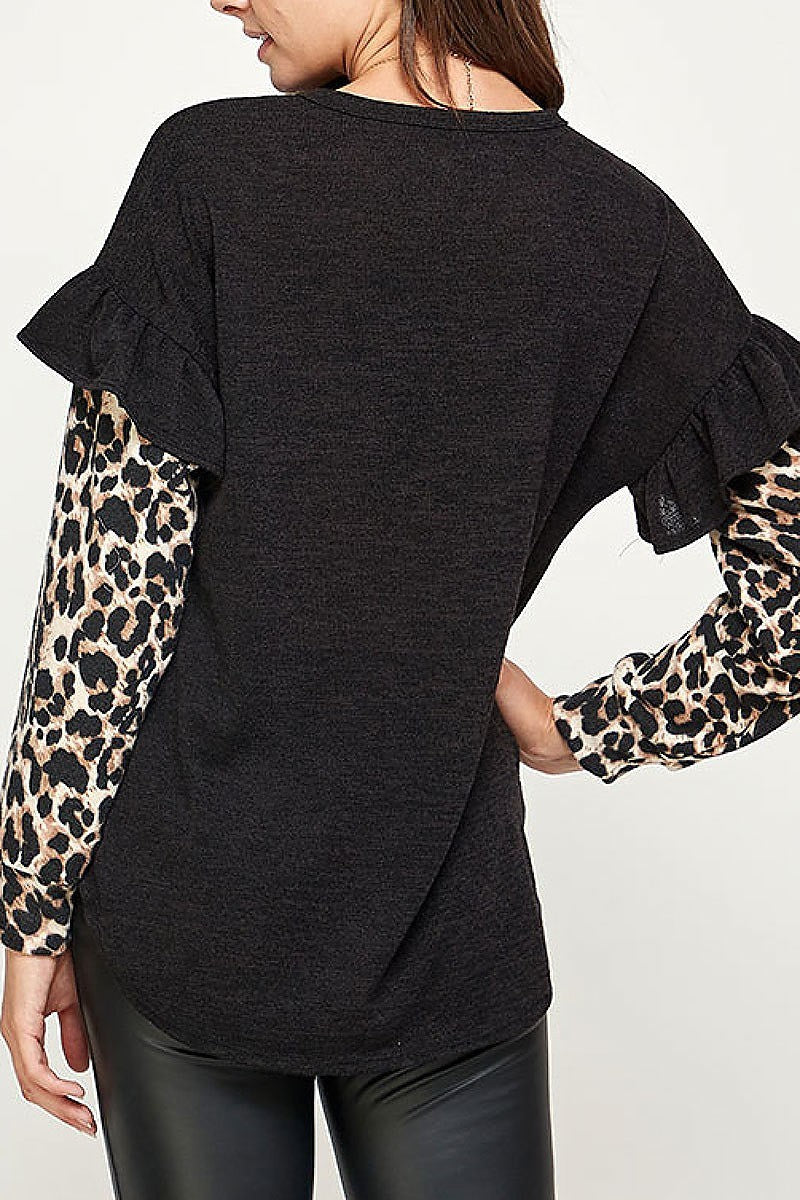 Animal print ruffle detail color block top (EF2233)