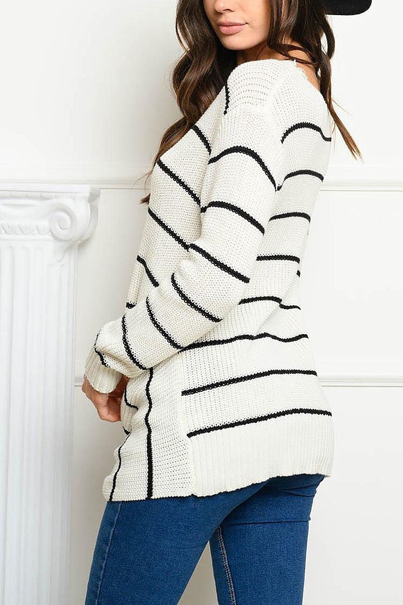 Long sleeve v neck striped sweater (EDWT4049)