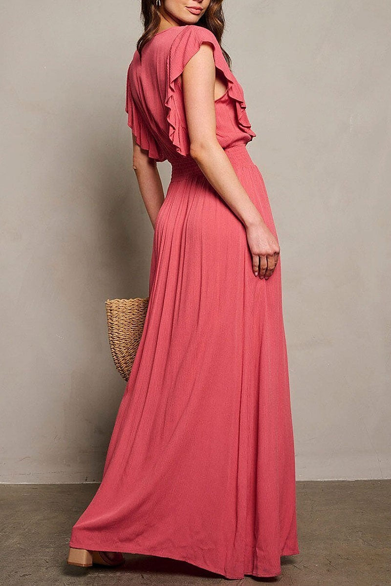 Short sleeve surplice smock waist maxi dress (EGWT1757)