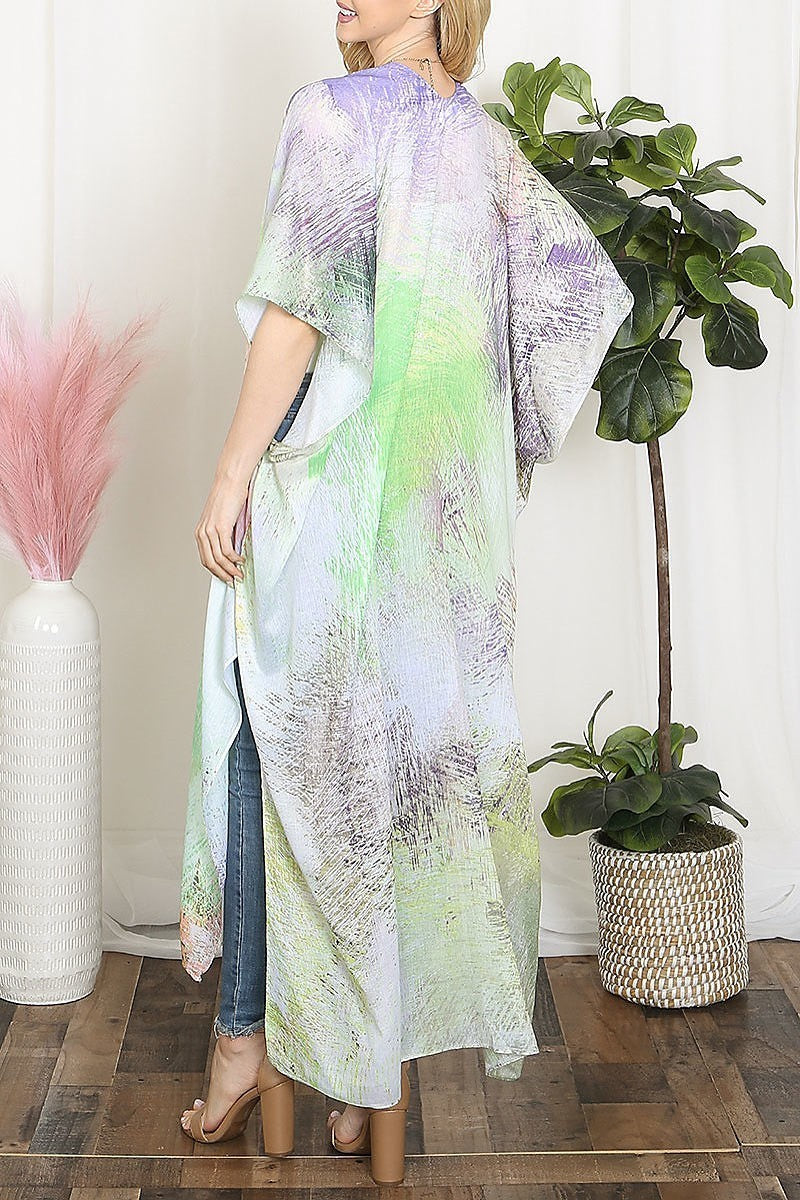 Tie dye multicolor splatter line print open front long kimono (EF5611)