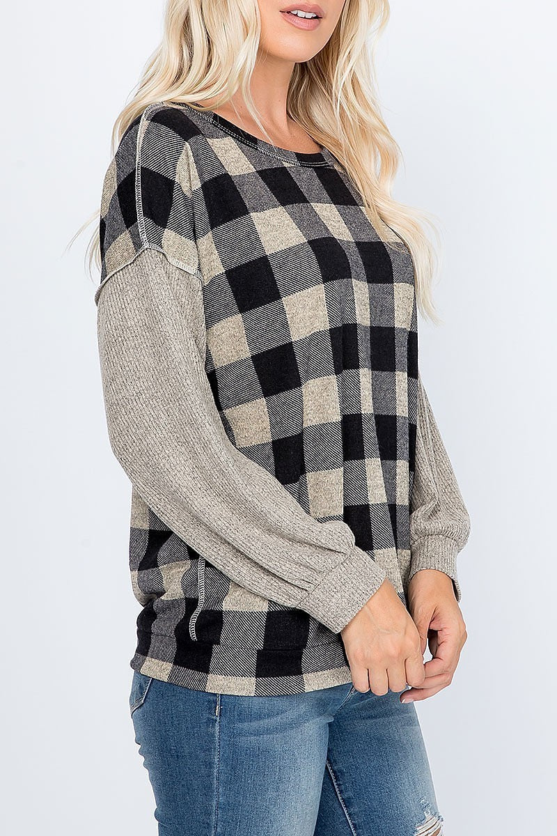 Overlock stitch plaid long sleeve top (EF7894)