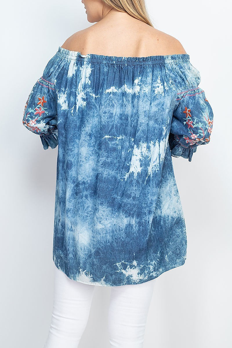 Floral embroidered off shoulder tie dye top (EF1310)