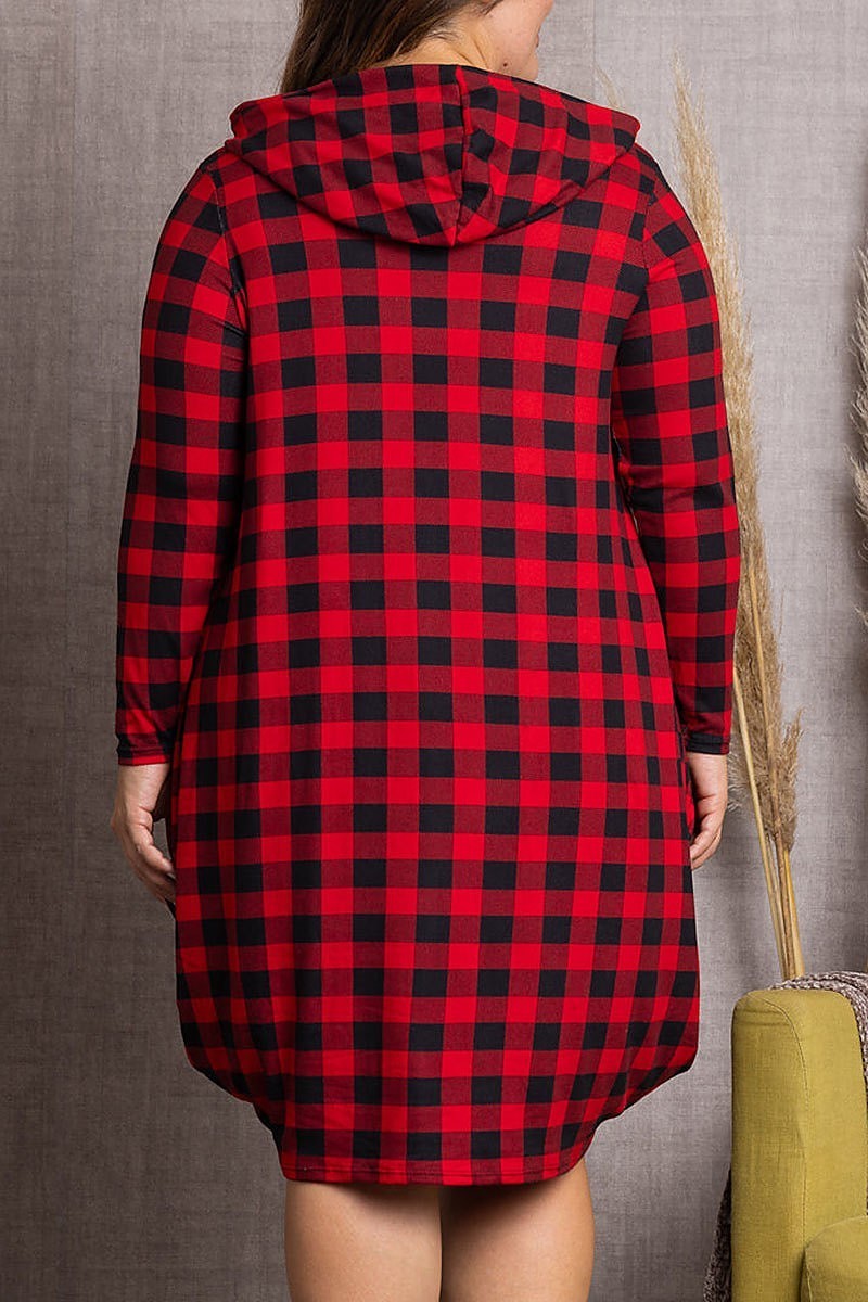 Plaid hoodie long sleeves plus size midi dress (EDSW3583)