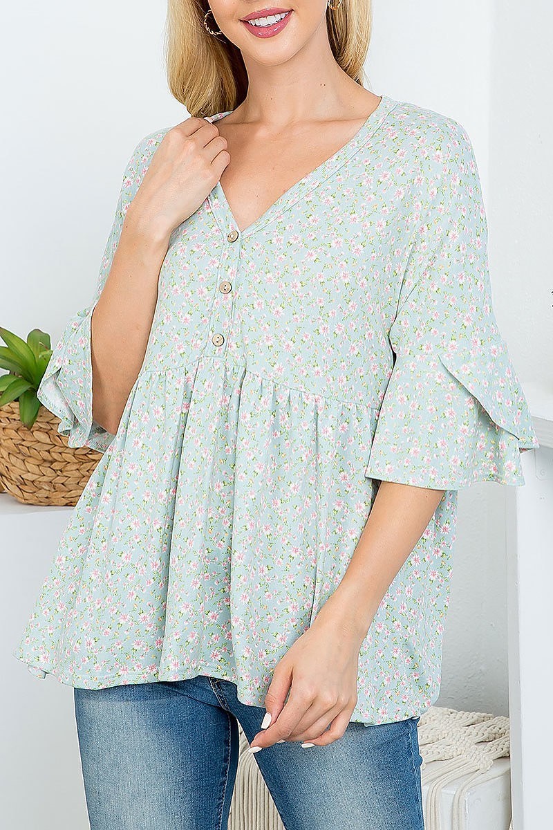 V neck floral print ruffle sleeve top (EF4455)