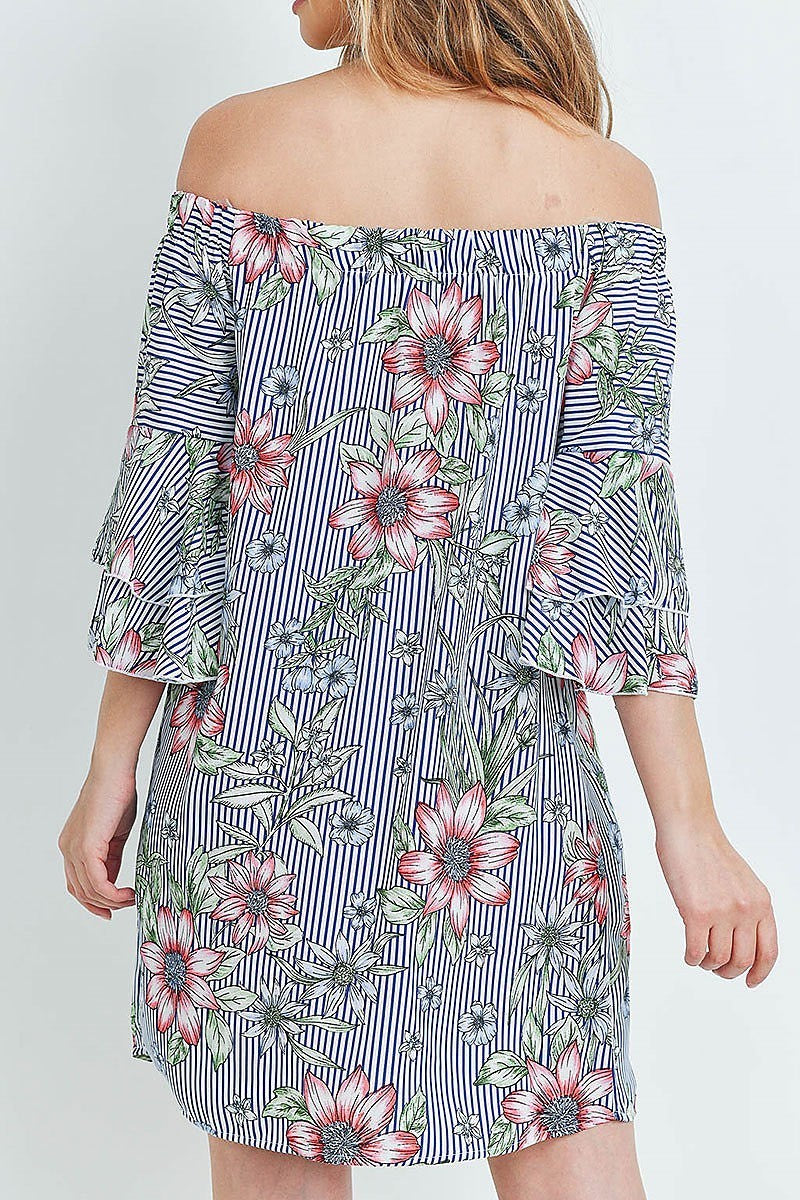 Off shoulder floral stripe bell sleeve dress (DED5820-LAST)