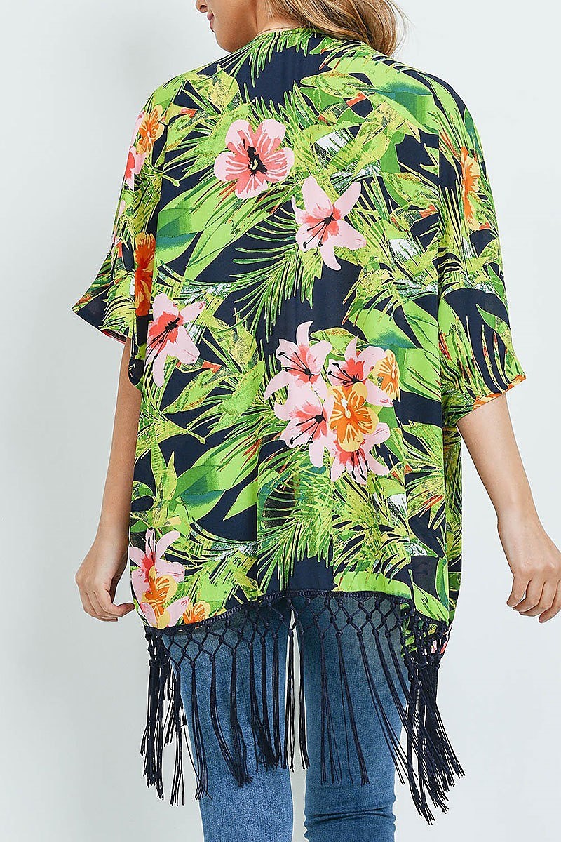 Fringe detail floral print kimono (ED9057)