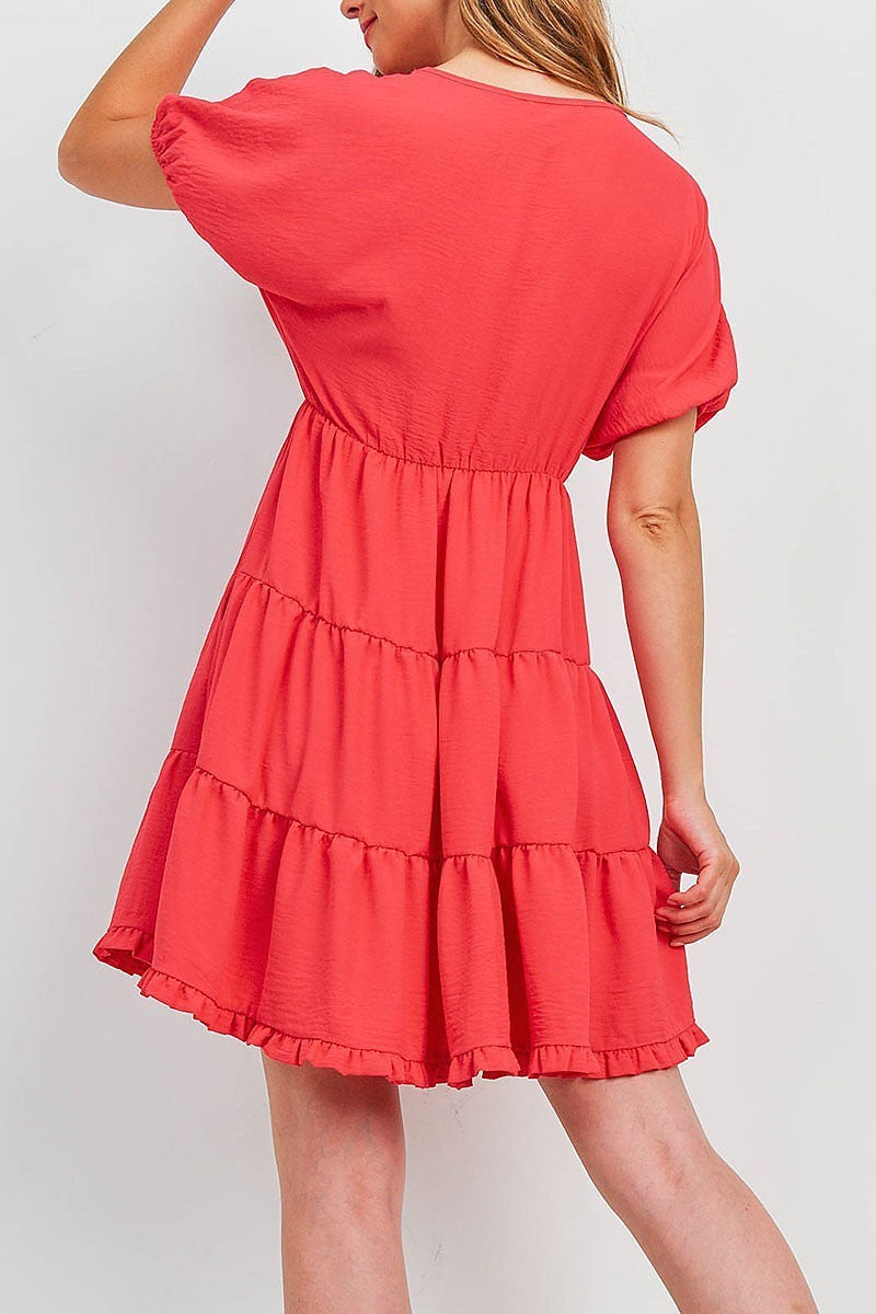 Puff sleeve v neck tiered ruffle a line dress (DED9817)