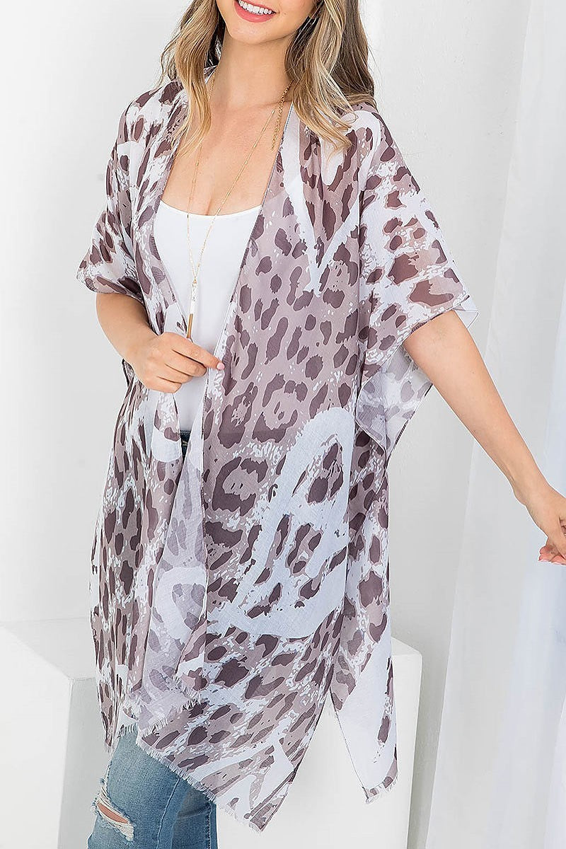 Leopard heart printed open front kimono (EF3614)