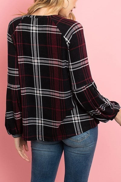 Round neck bubble sleeve plaid top (ED7984-1)