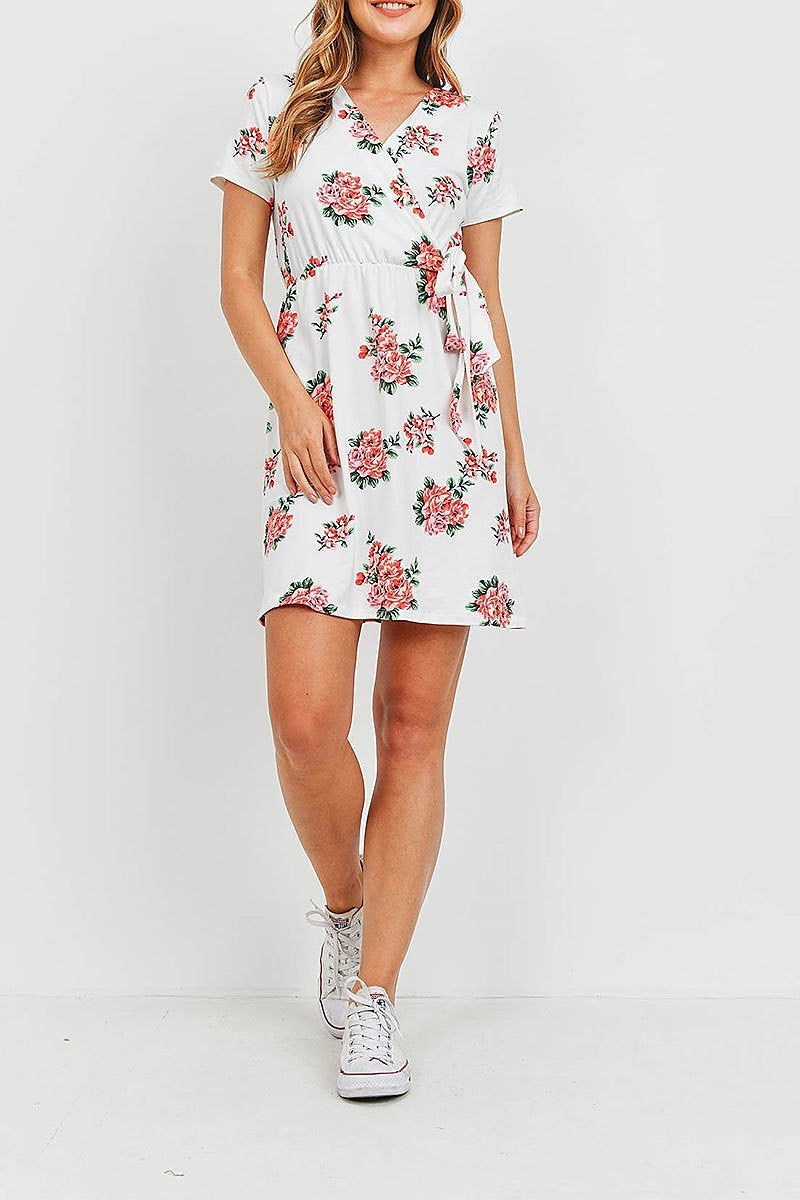 Floral print tie wrap midi dress (DED6393)