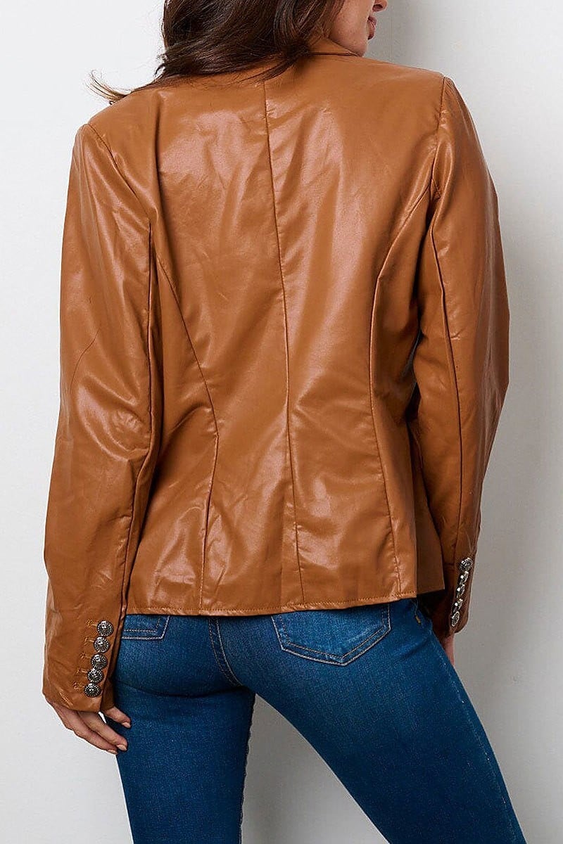 Button closure pockets pu pleather jacket (EFWT9057)