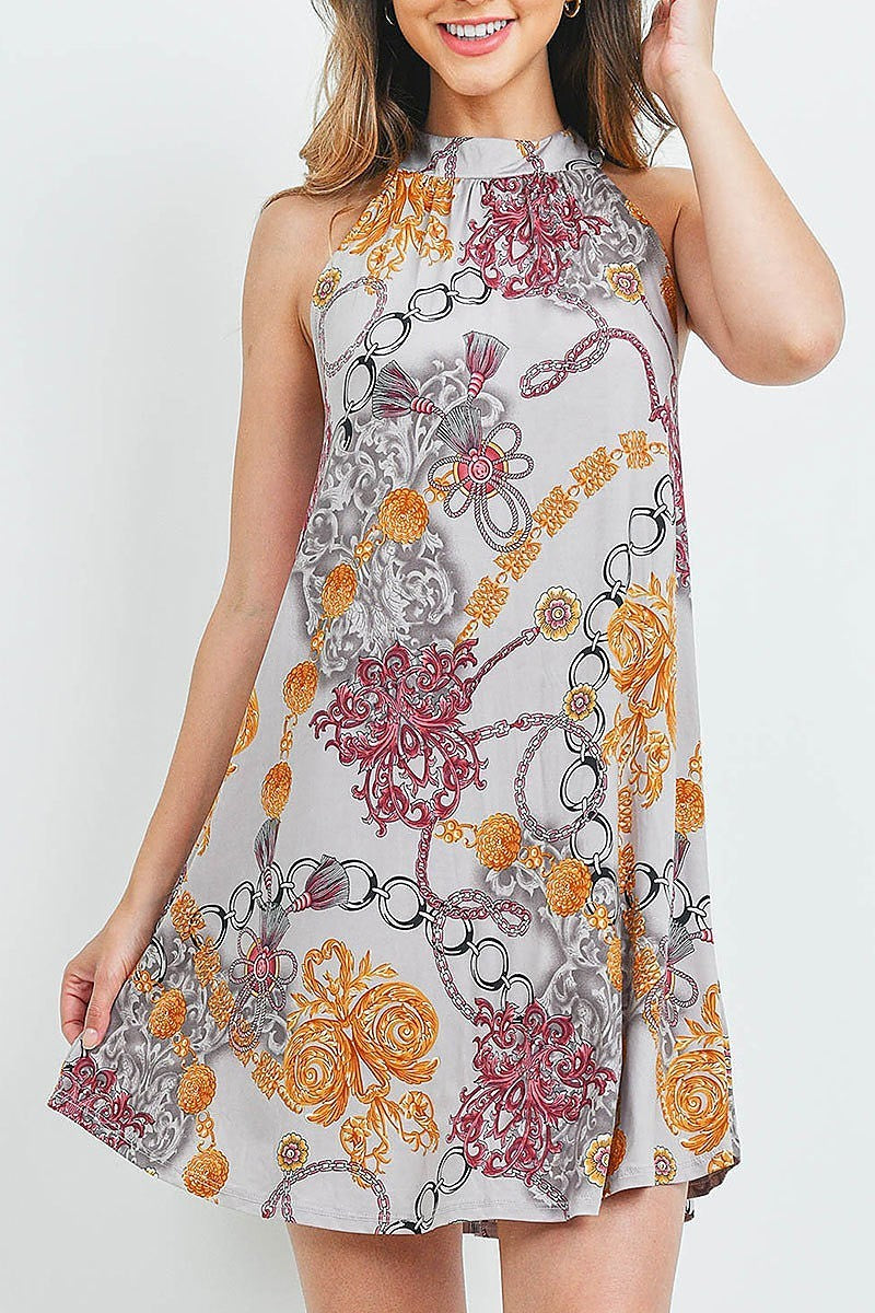 Floral chain print halter neck swing dress (DED6274)