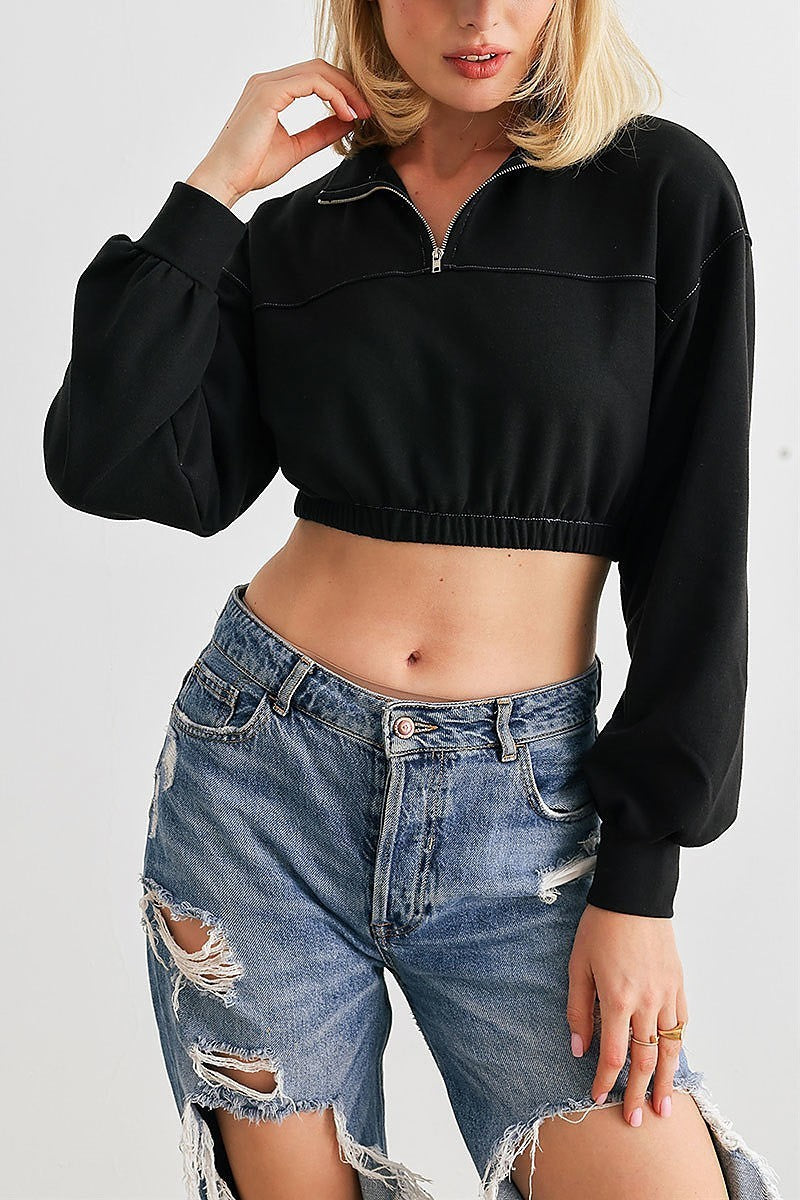 Zip up mock neck elastic waist crop top (TED1990)