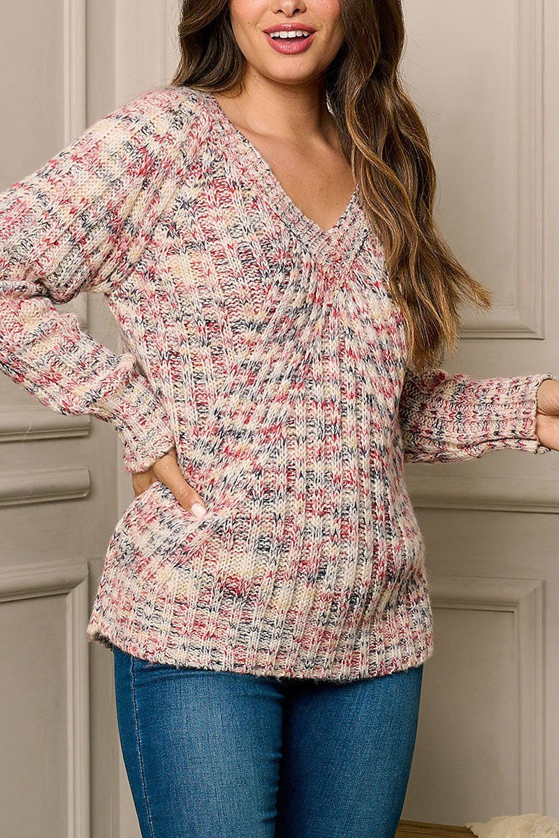 Long sleeve v-neck multi knit sweater (EFWT5955)