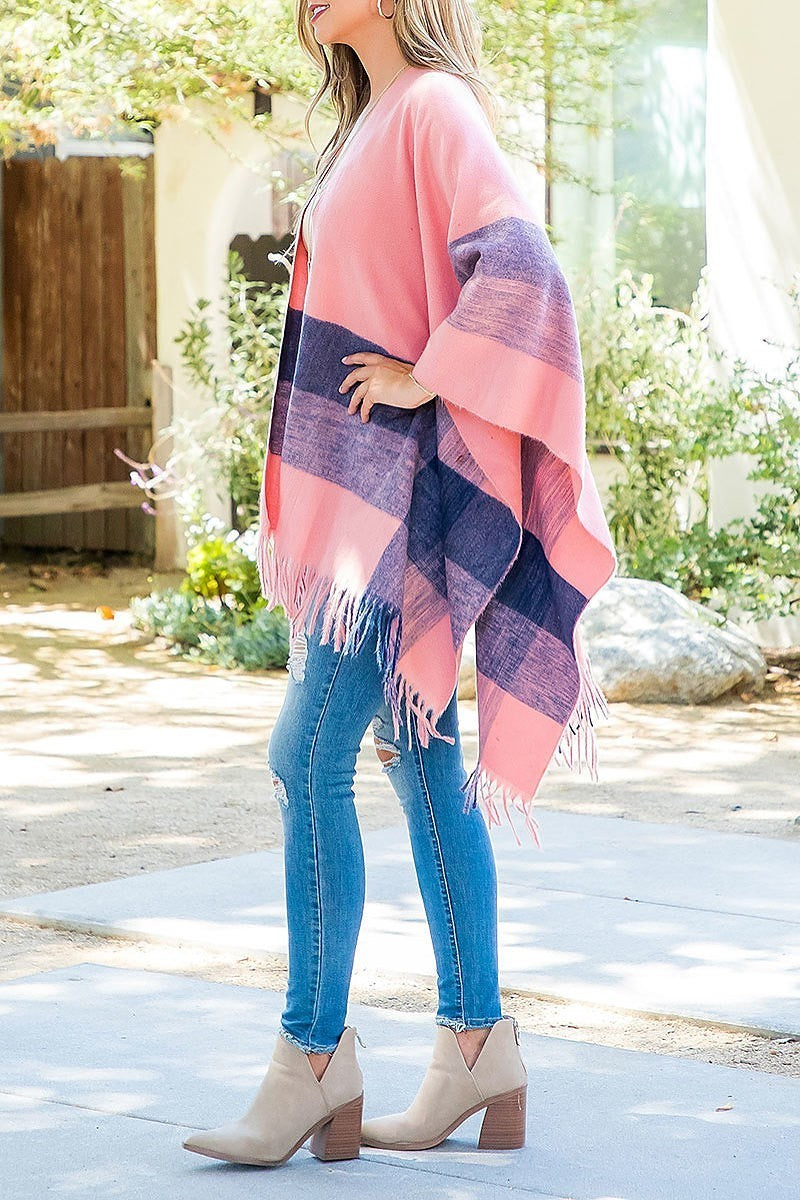 Border line fringe warmer kimono wrap (DGS5840)