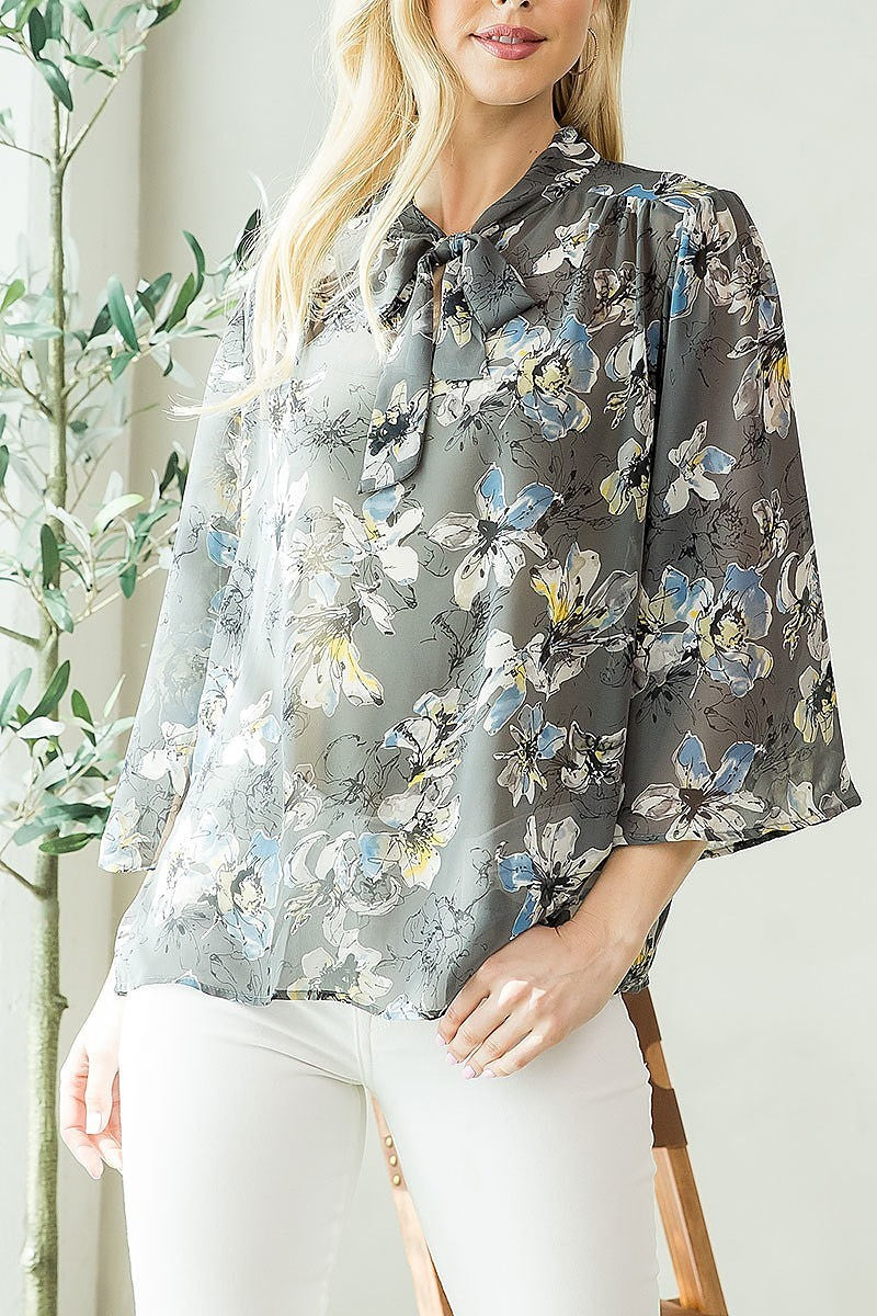 Floral print tie neck loose fit top (EF3935)