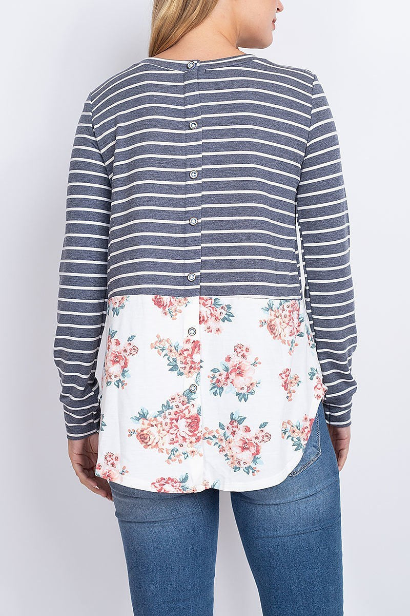 Stripe floral button trim back color block top (EF1903)