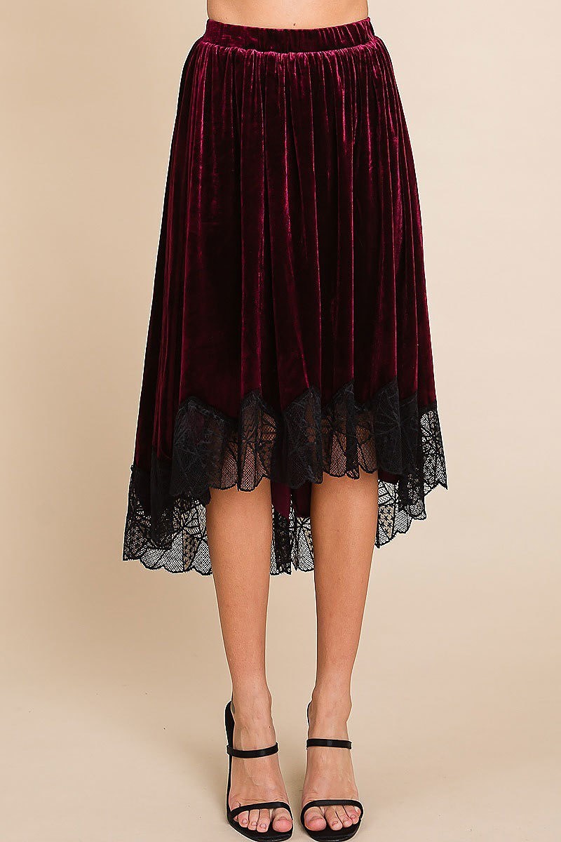 Velvet elastic waistband hi-low midi skirt w lace (EDH1827)