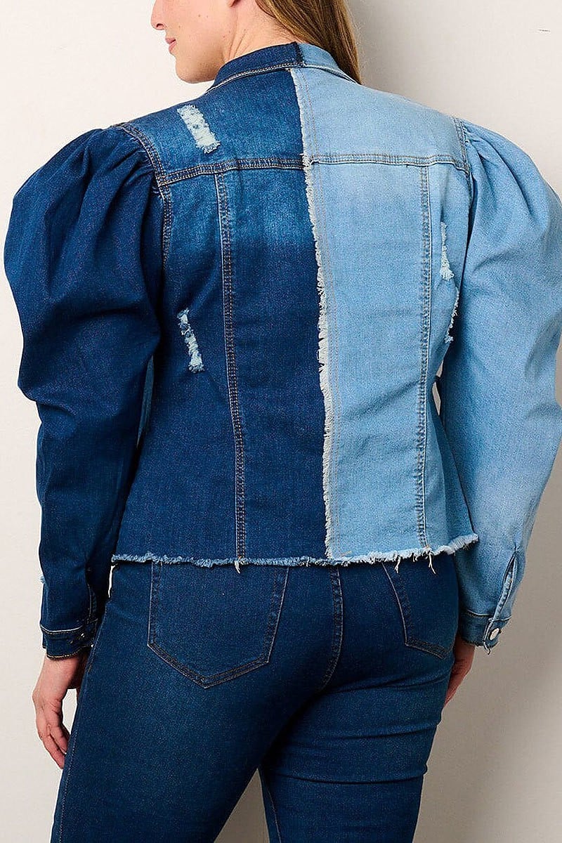 Puff sleeve button closure colorblock denim jacket (EFWT9040)