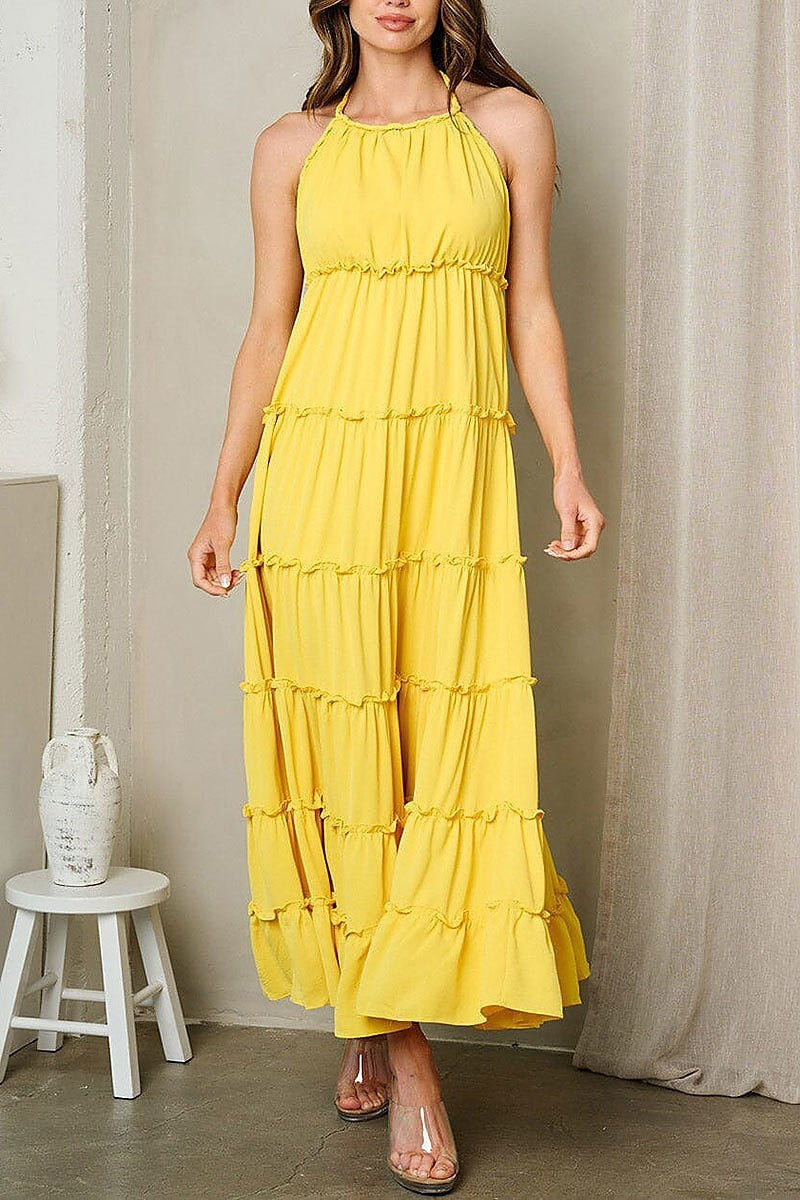 Sleeveless halter neck tieres open back maxi dress (EFWT2534)