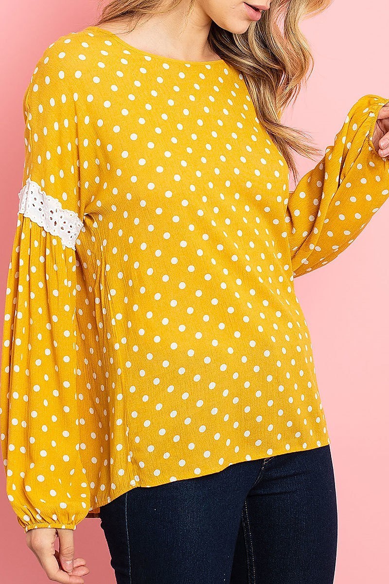 Lace trim bubble sleeve polka dot print top (ED7963-1)