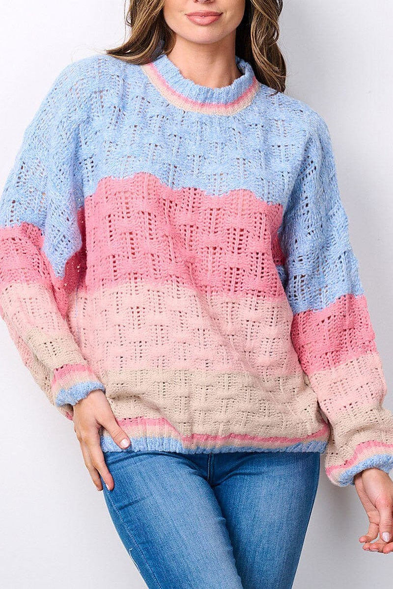 Long sleeve colorblock knit sweater (EFWT7495)