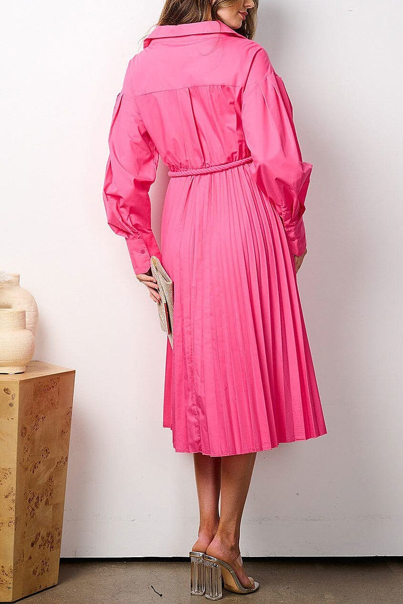 Long sleeve v-neck wrap pleated midi dress (EFWT7780)