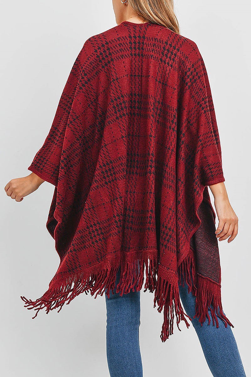 Buffalo plaid fringe open front kimono (DGS5339)