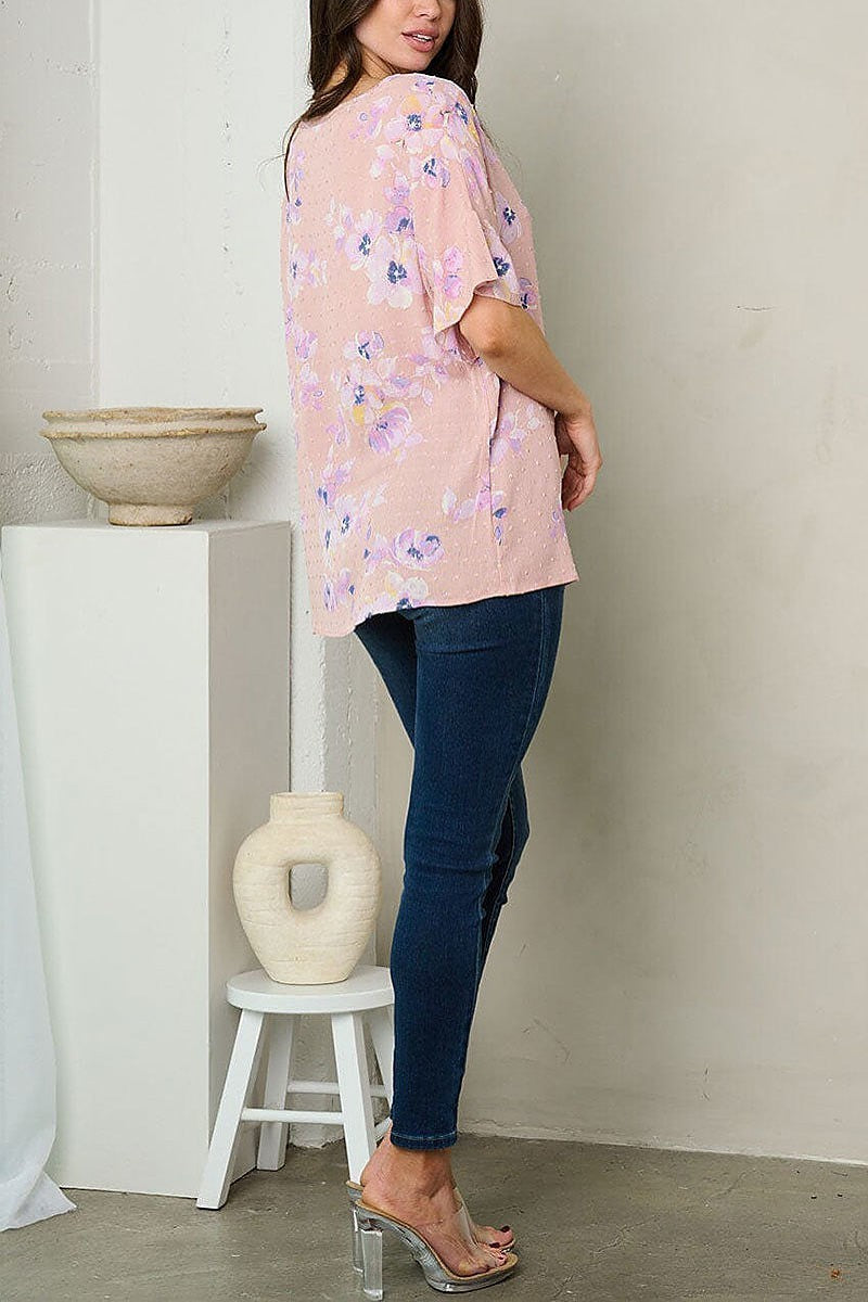 Short sleeve swiss dot floral top (EFWT1497)