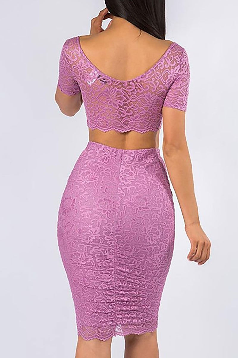 V neck lace crop top and skirt set (EDVC2536)