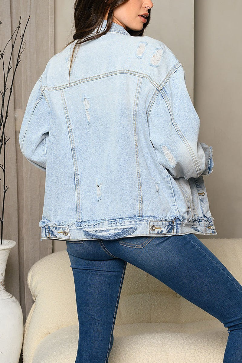 Long sleeve denim button up distress jacket (EDWT7210)