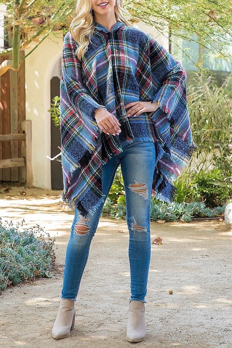 Warmer knitted plaid hooded poncho (DGS5852)