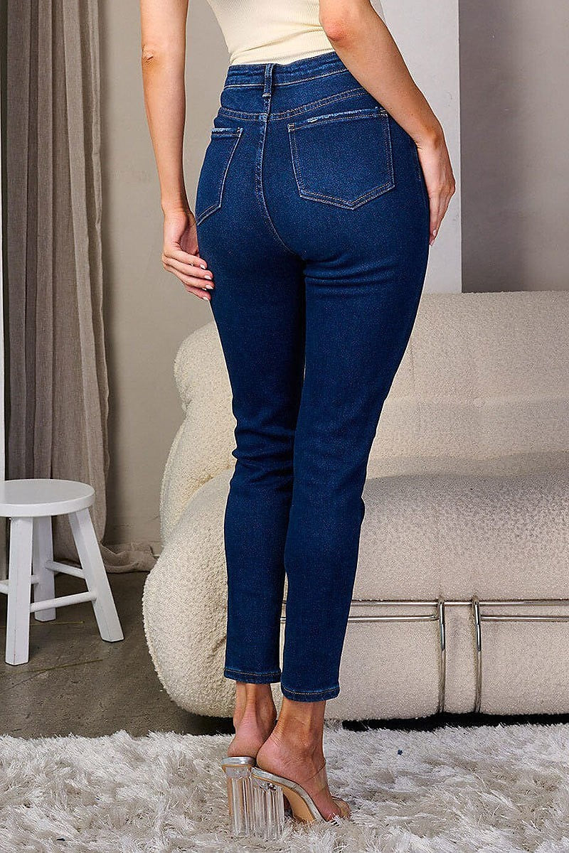 Button closure stretch denim skinny jeans (EFWT8138)