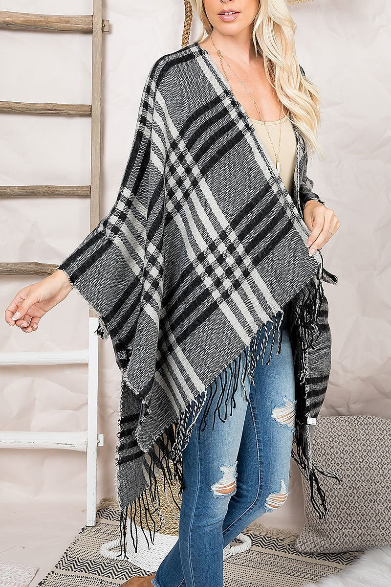 Plaid open front fringe ruana kimono (DGS5471-1)