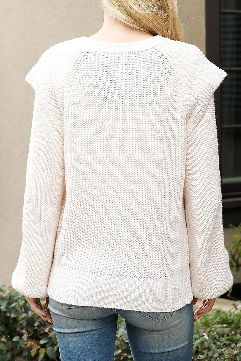 Bubble sleeve round neck shoulder detail sweater (DGS6578)