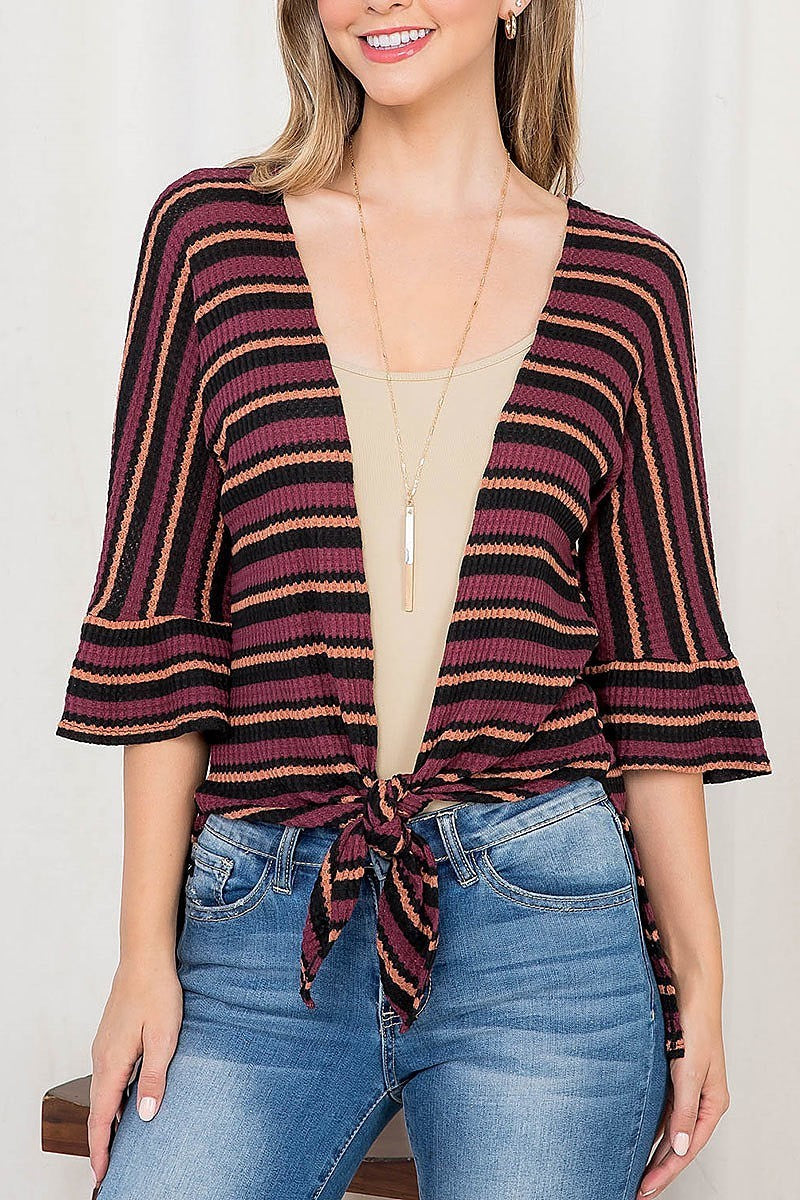 Waist tie bell sleeve multi stripe hi lo cardigan (DGS5530)