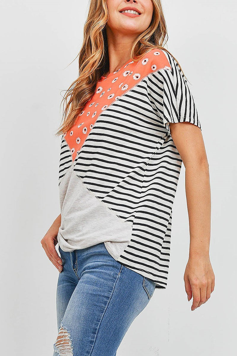 Mix floral stripe color block top (EF1613)