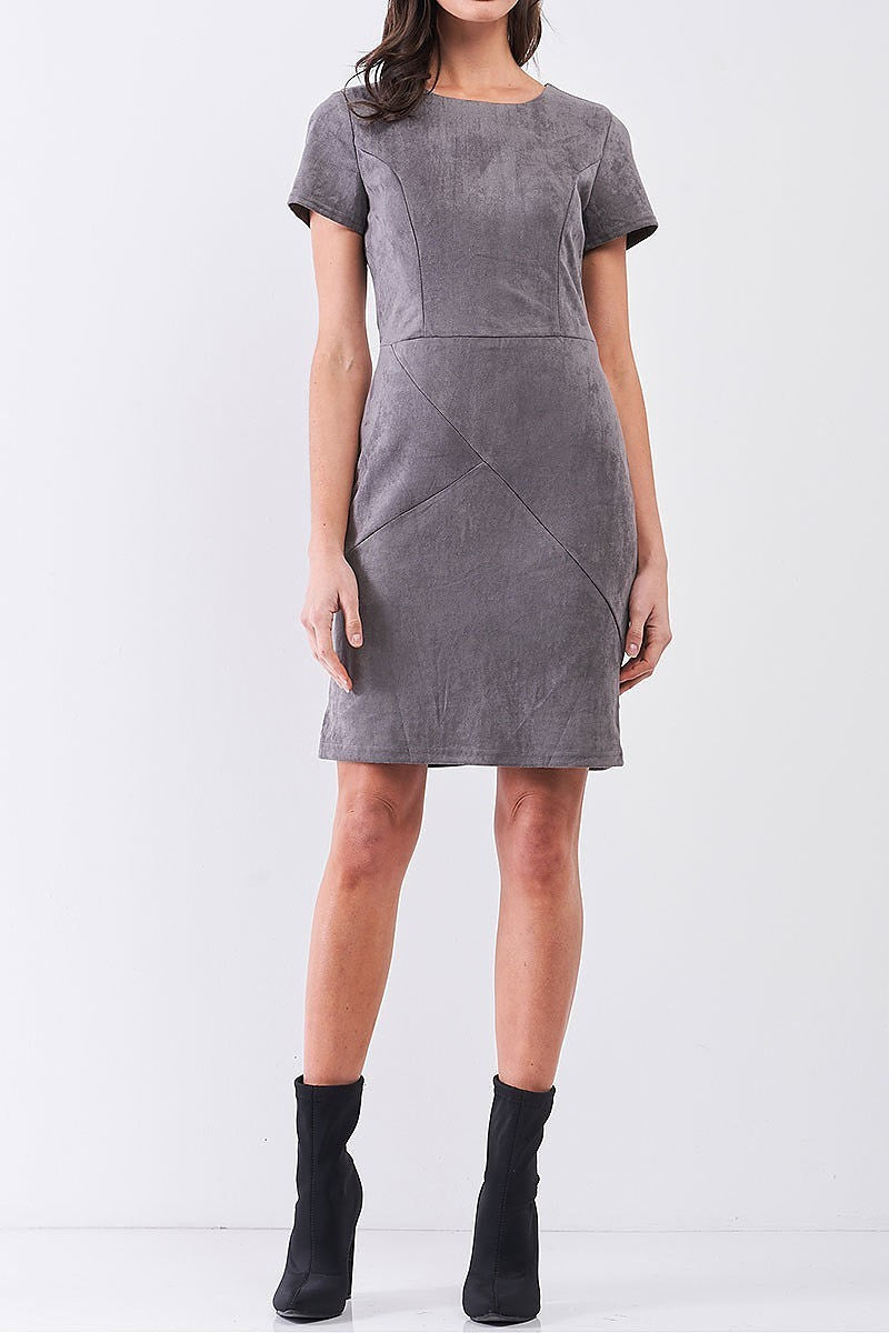 Faux suede round neck fitted mini dress (TDG7914)