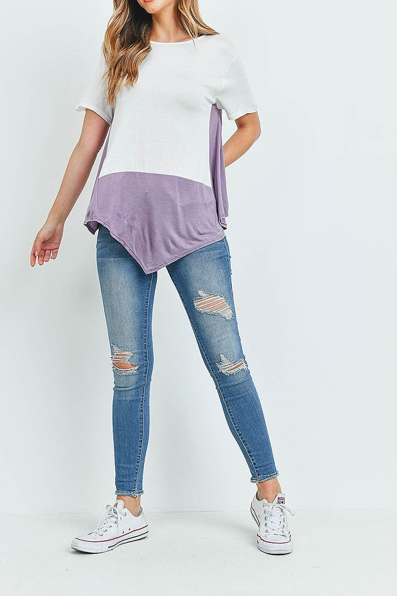 Asymmetrical hem color block top (ED9802)