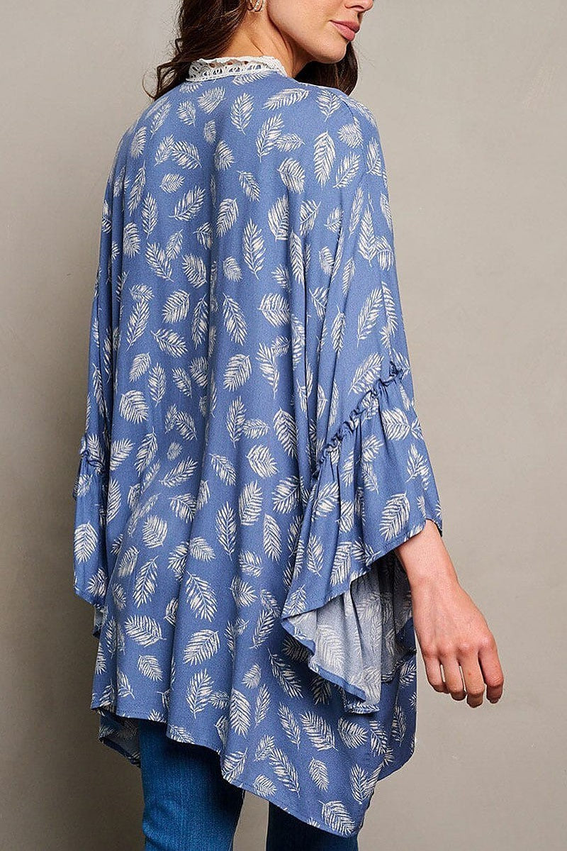 Long sleeve open front trim detailed leaf kimono (EGWT1821)