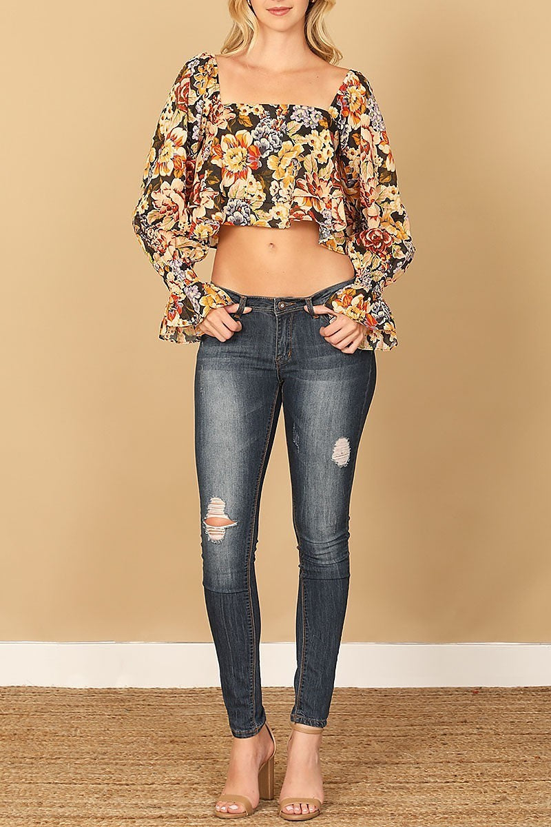 Floral long puff sleeve ruffle hanging top (EF7871)