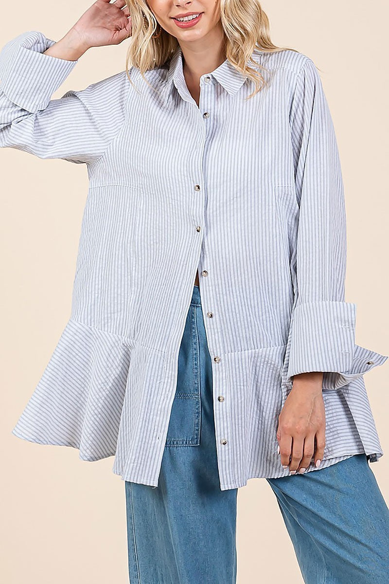 Striped button down ruffle bottom tunic shirt (EDH2327)