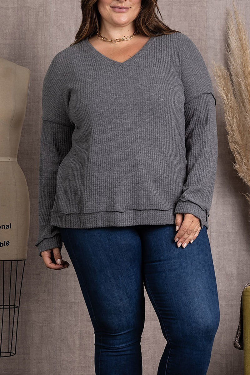 Ribbed knit long sleeves plus size top (EDSW3717)